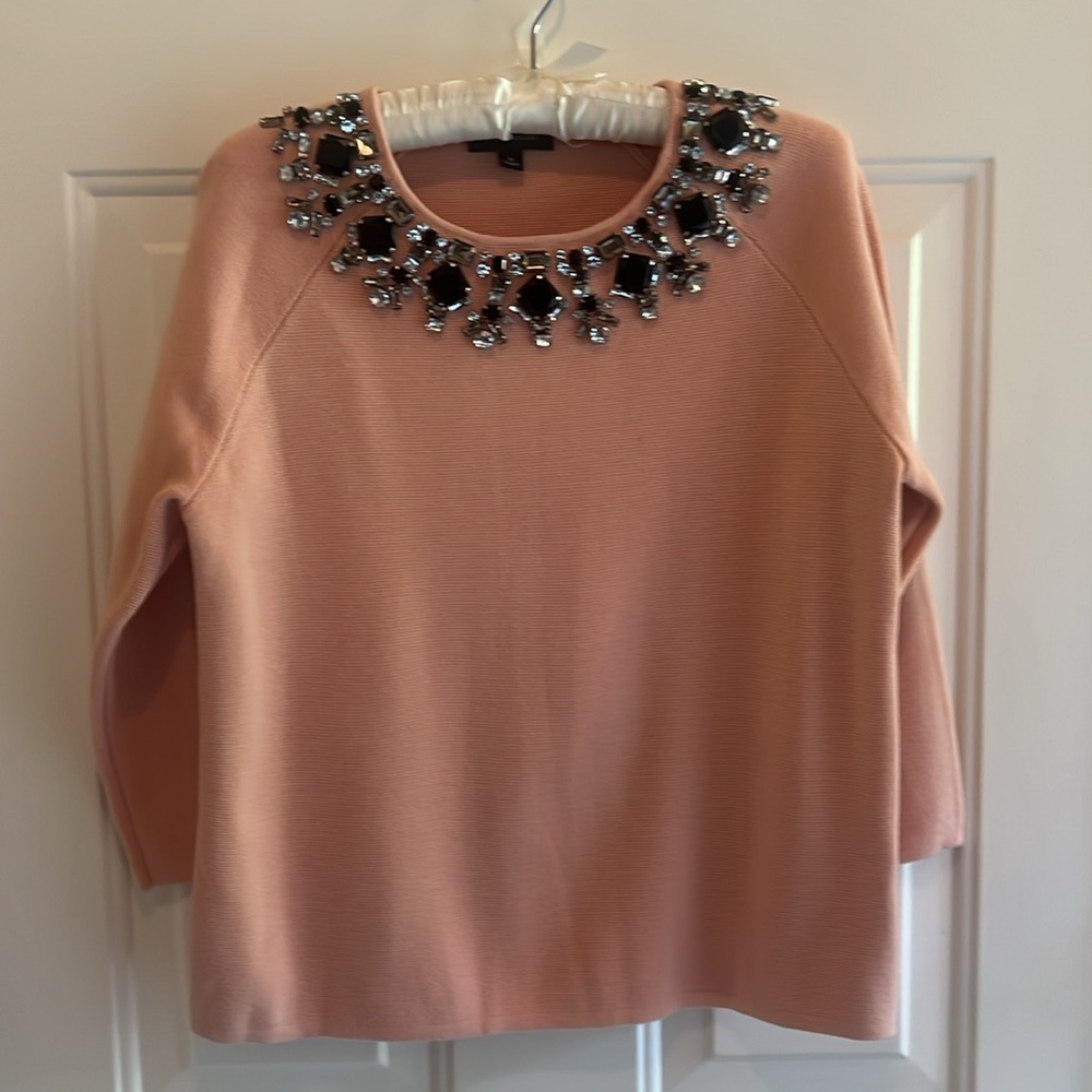 Ann Taylor Salmon Embellished Sweater Size Medium Black/Grey/Clear Stones